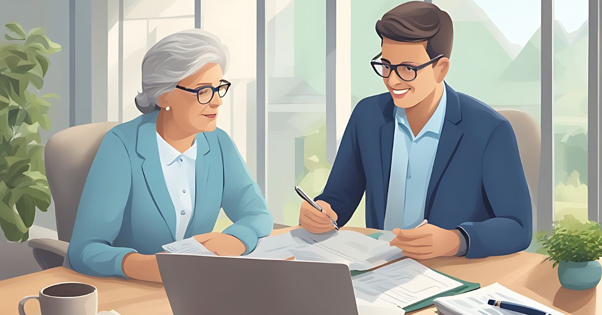 An illustration of a business professional dressed man and woman going over documents at a table.