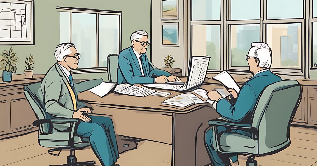 An illustration of three men in business suits, sitting at a table and going over documents.