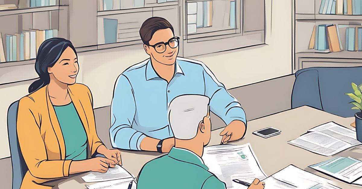 An illustration of three professionals sitting at a desk, going over paperwork.