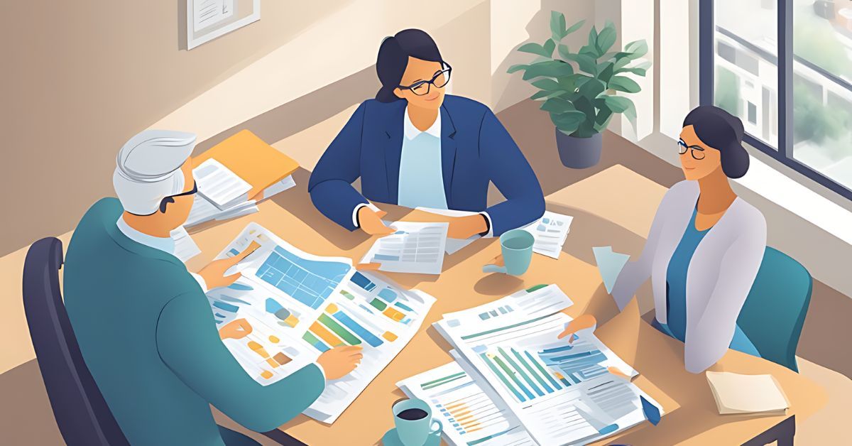 An illustration of three professionals having a meeting with financial documents on the table.