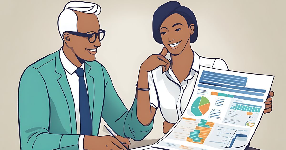 A man and woman in business attire going over a chart.