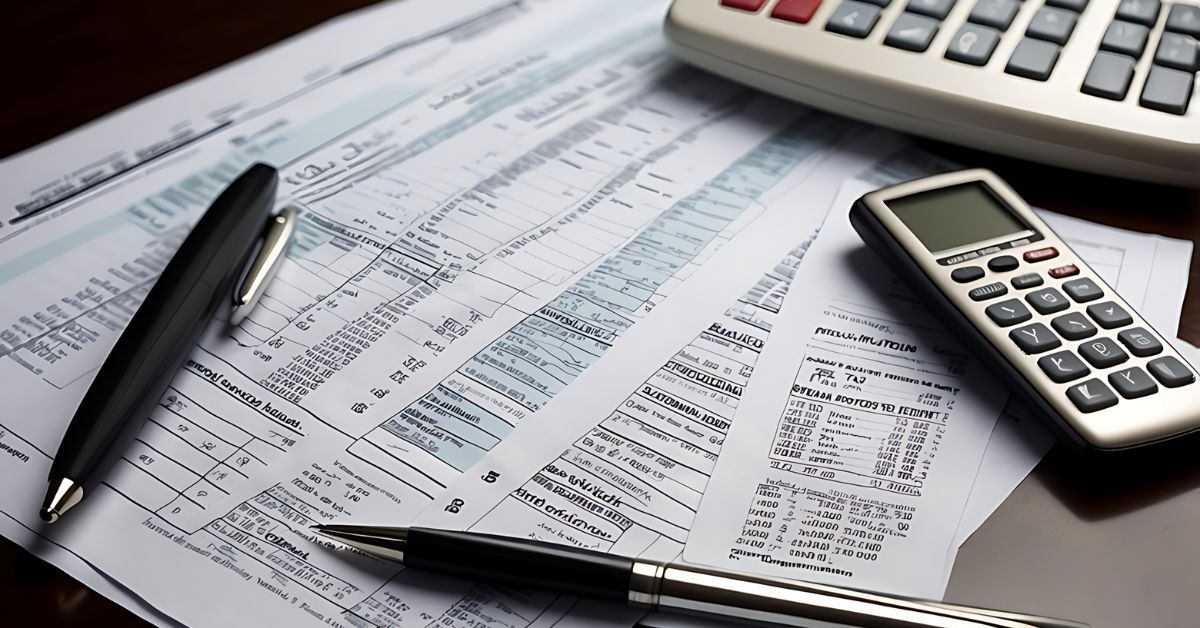 Several financial documents, pens, and a calculator sitting on a desk.