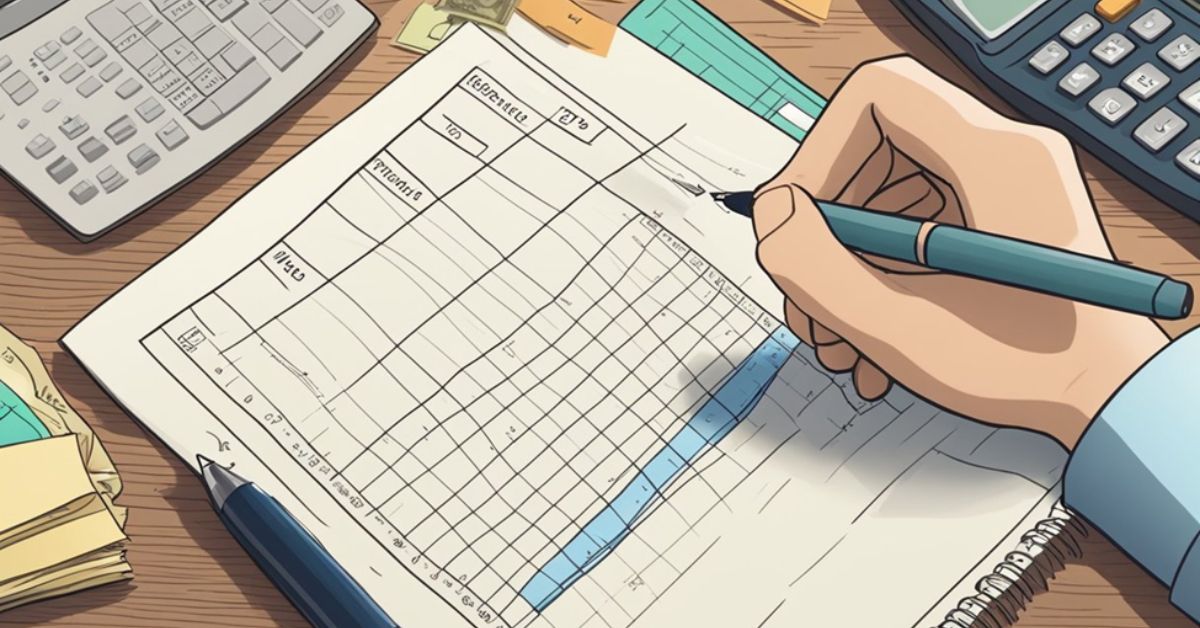 An illustration of a hand holding a pen going over a financial document on graph paper.  There are two calculators nearby.