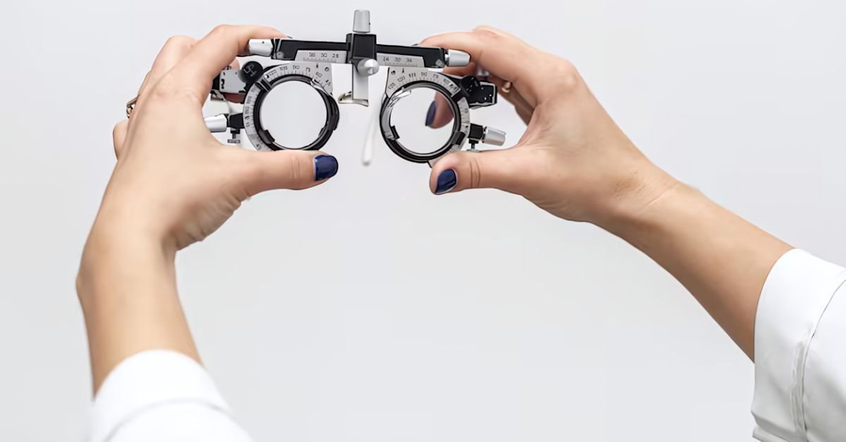 Front view of woman holding up optics equipment.