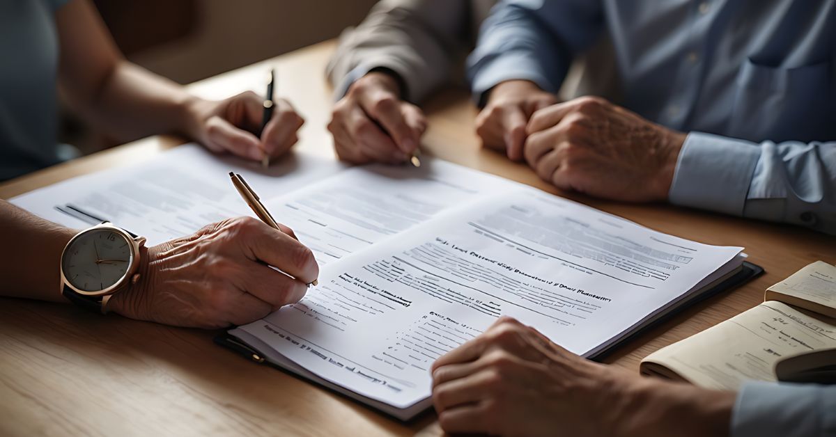 Several people writing in a financial notebook together.