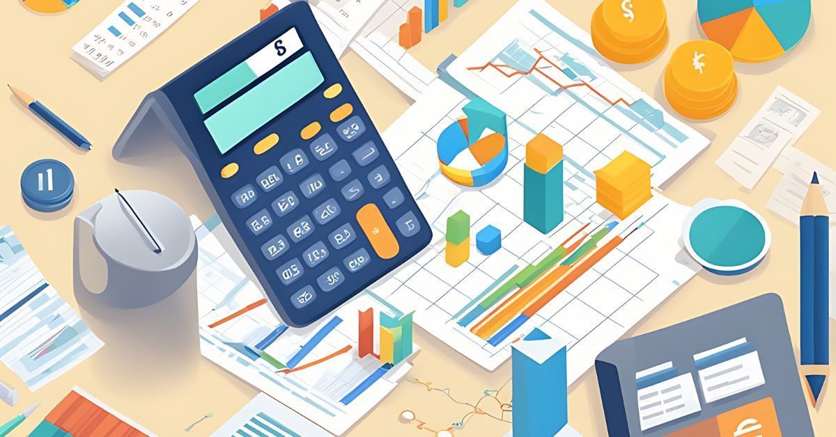 An illustration of a calculator, graphs, and pie charts.