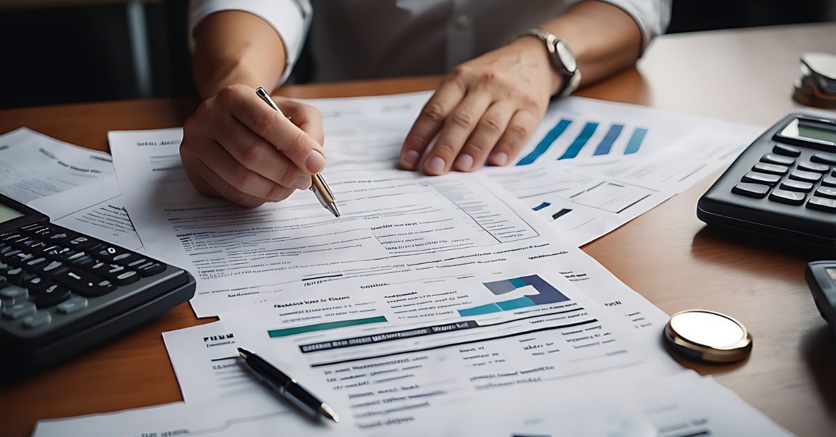 A person going over financial documents at a desk.