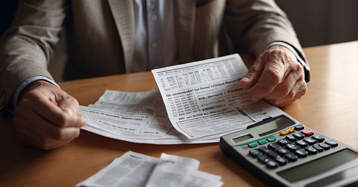 An elderly person sitting at a desk with a calculator and financial documents.