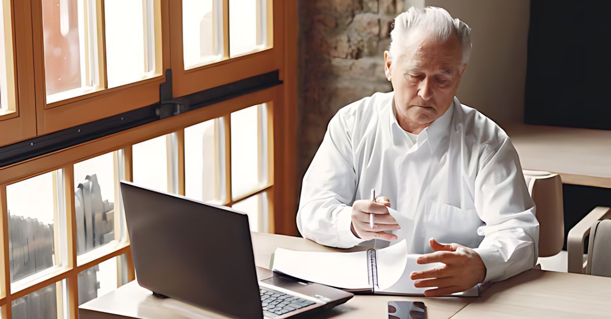 A man, sitting at a table with a laptop and paper.