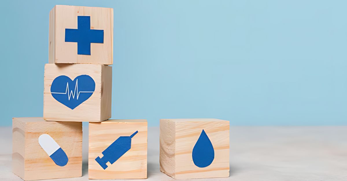 Important medical symbols on wooden blocks.