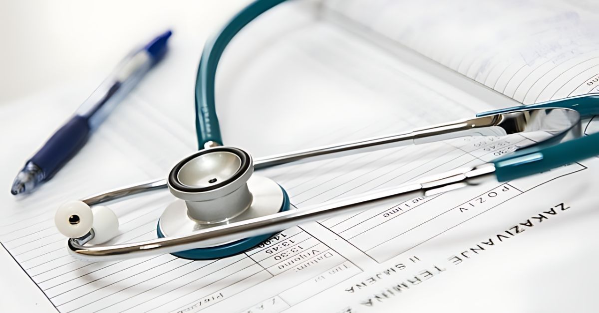 A stethoscope and pen sitting on top of a notebook schedule.