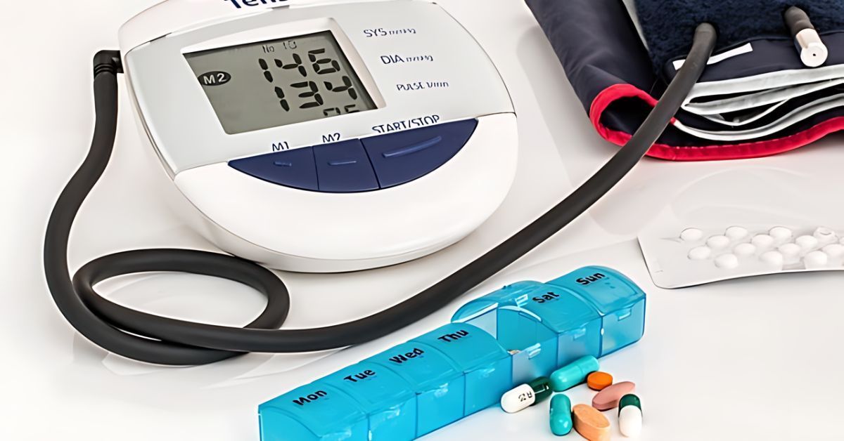 A blood pressure cuff and weekly pill organizer with several pills surrounding  it.