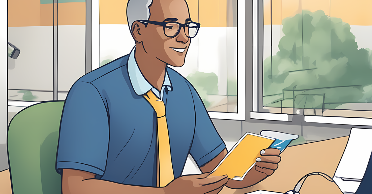 An illustration of a man in business casual attire, sitting at a desk, reading a brochure.