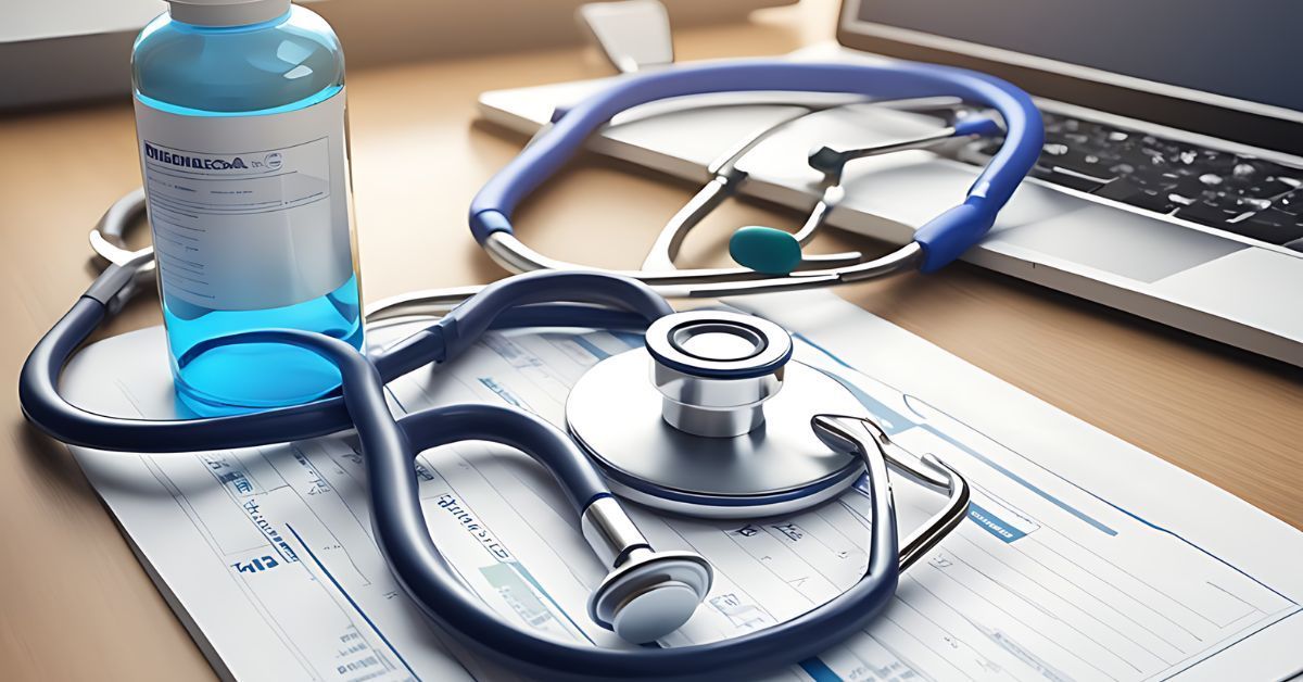 Stethoscope and pill bottle on a desk near a computer.