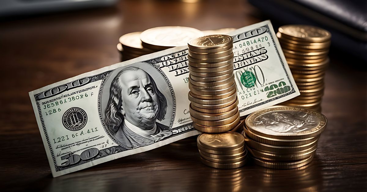 A 100 dollar bill and stack of coins sitting on a table.