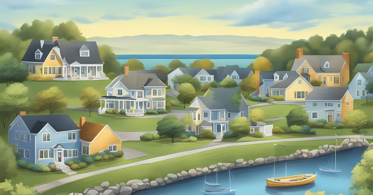 An illustration of several houses near a lake.