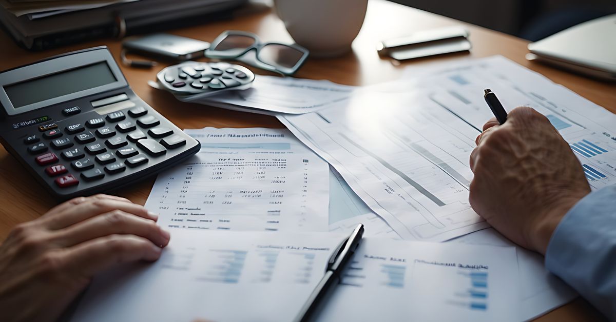 Two people, seated at a desk, going over financial documents.