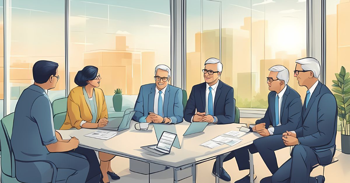 A group of professionals sitting at a table in business attire.