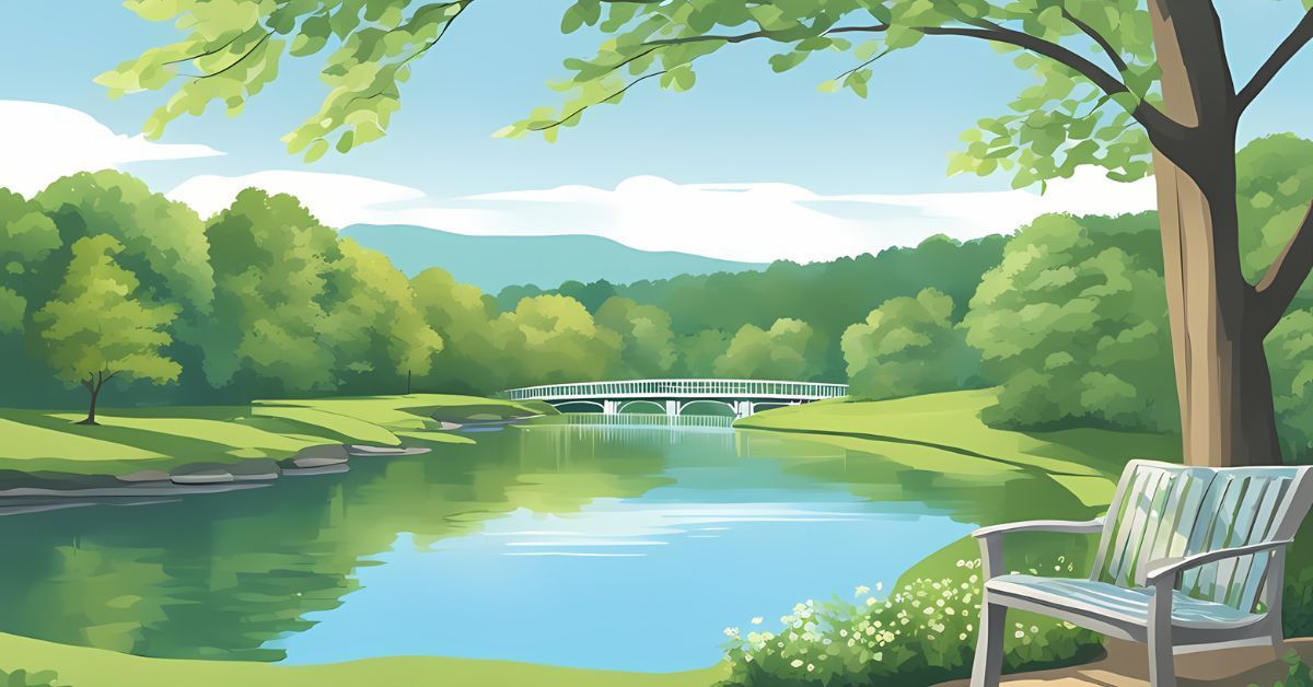 An illustration of a park with a pond and bench.