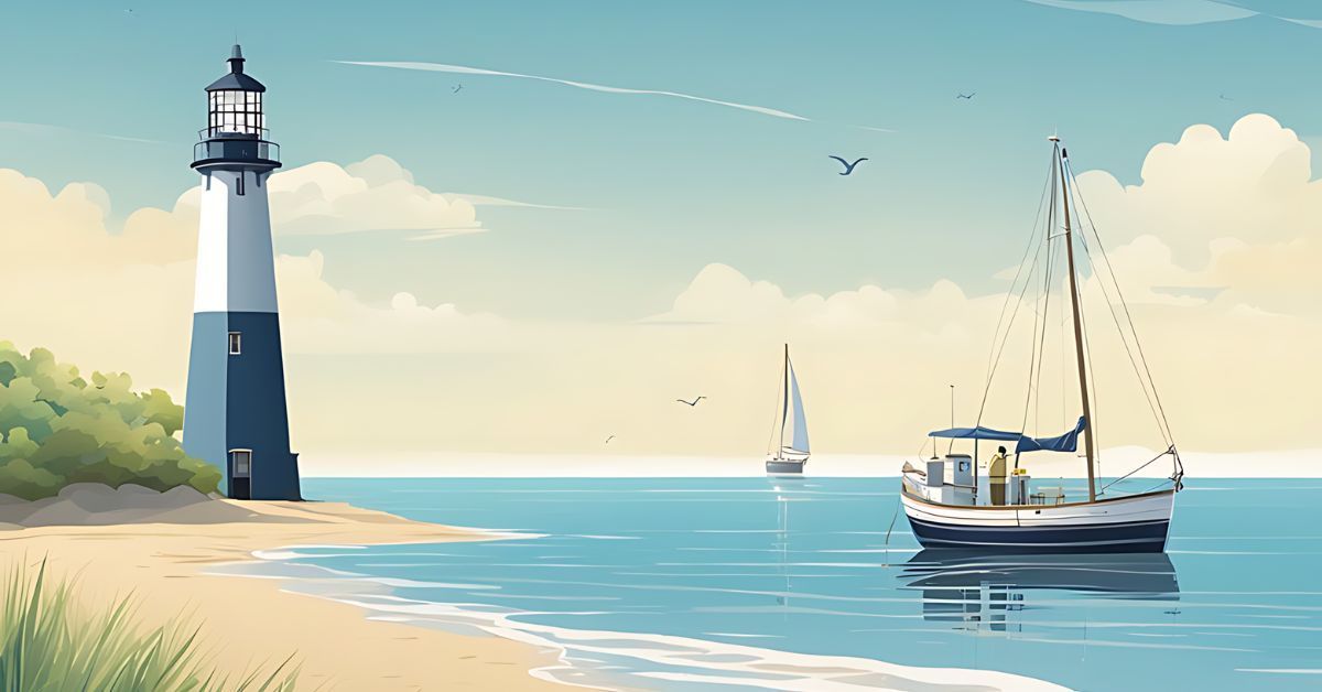 An illustration of a sailboat on the coast.  There's a lighthouse nearby.