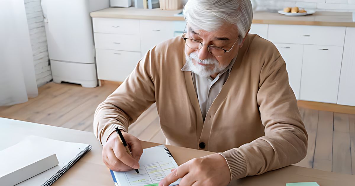 A senior man sitting at a kitchen table, filling out paperwork.