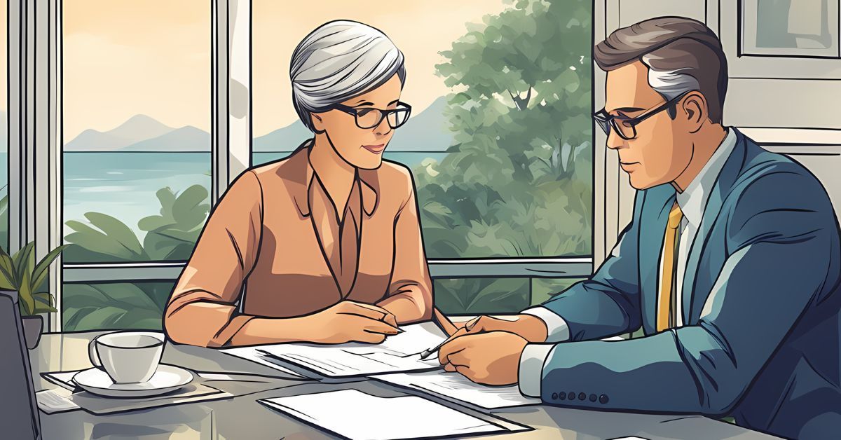 A professionally dressed man and woman sitting at a desk going over some documents.