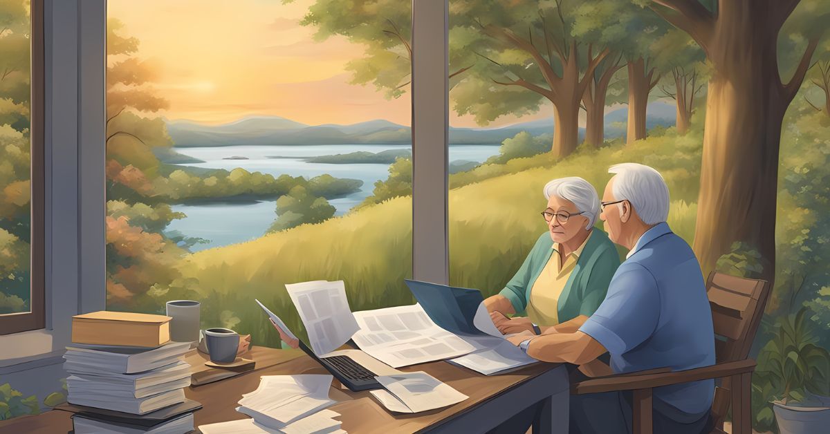 An illustration of a senior couple reviewing documents in a lake house.