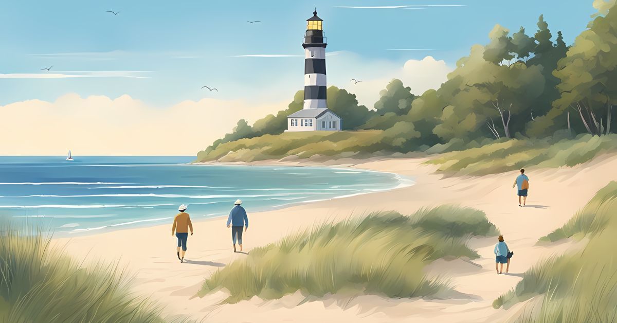 An illustration of several people walking on a beach towards a light house.