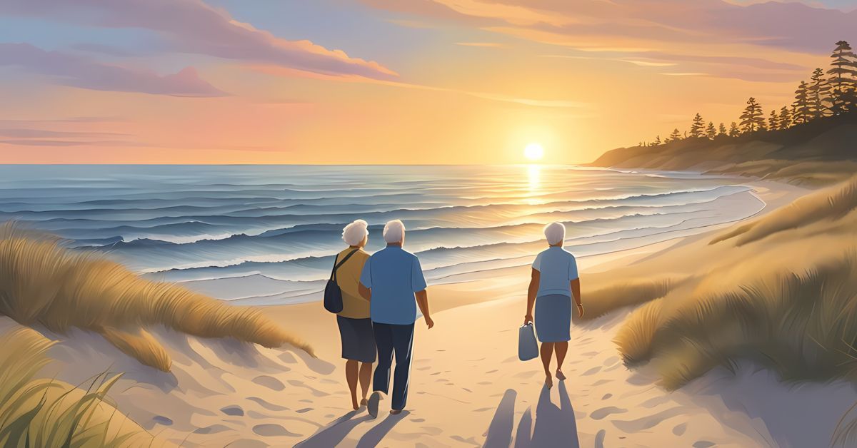 An illustration of three seniors walking towards the beach at sunset.