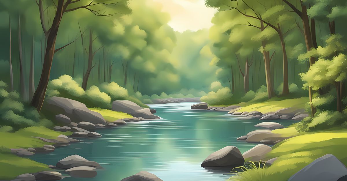 An illustration of a river through a forest.