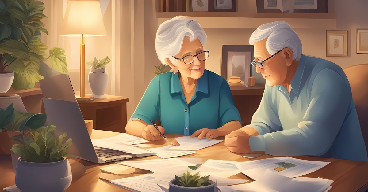 Man and woman review financial papers on a desk.