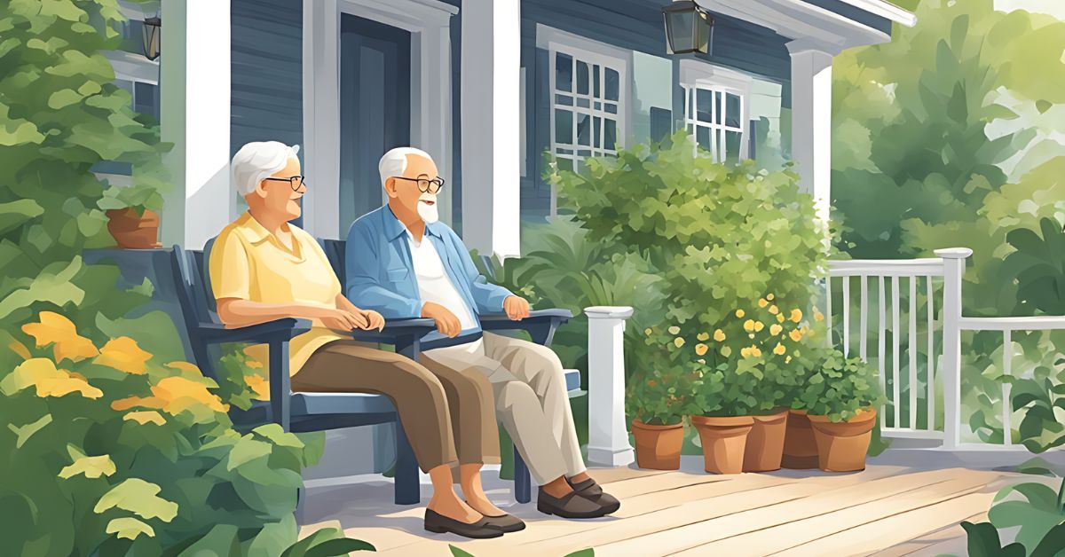 An illustration of a senior couple sitting on rocking chairs on their front porch.