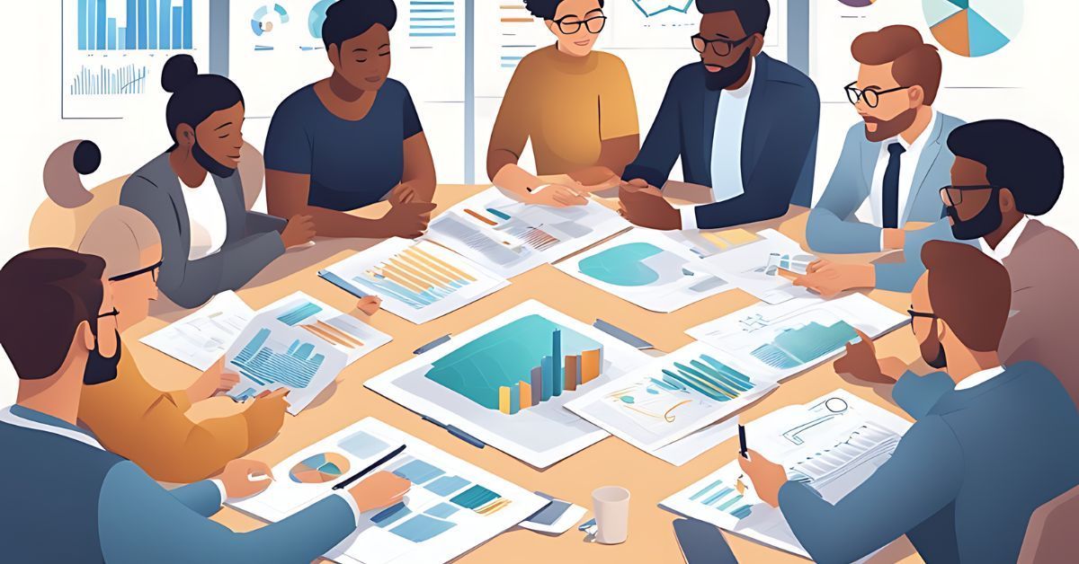 An illustration of a group of coworkers sitting around a table with financial documents.