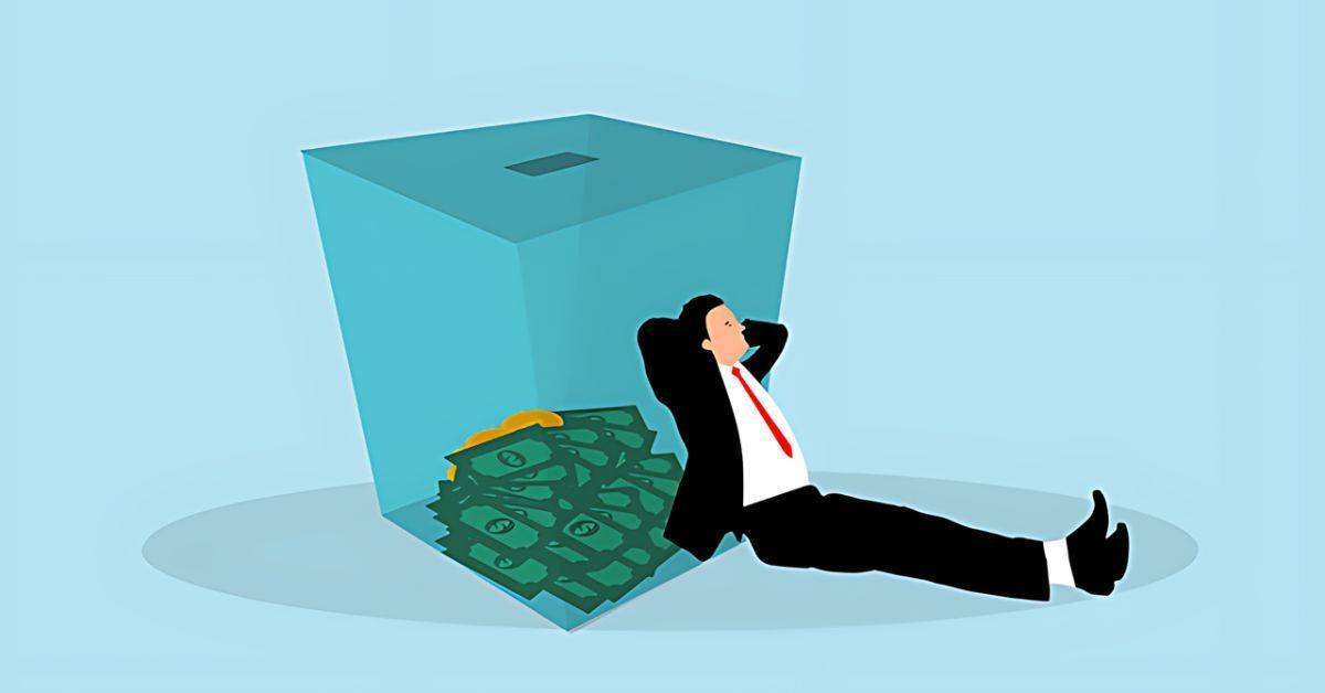 An illustration of a man sitting on a pile of money.