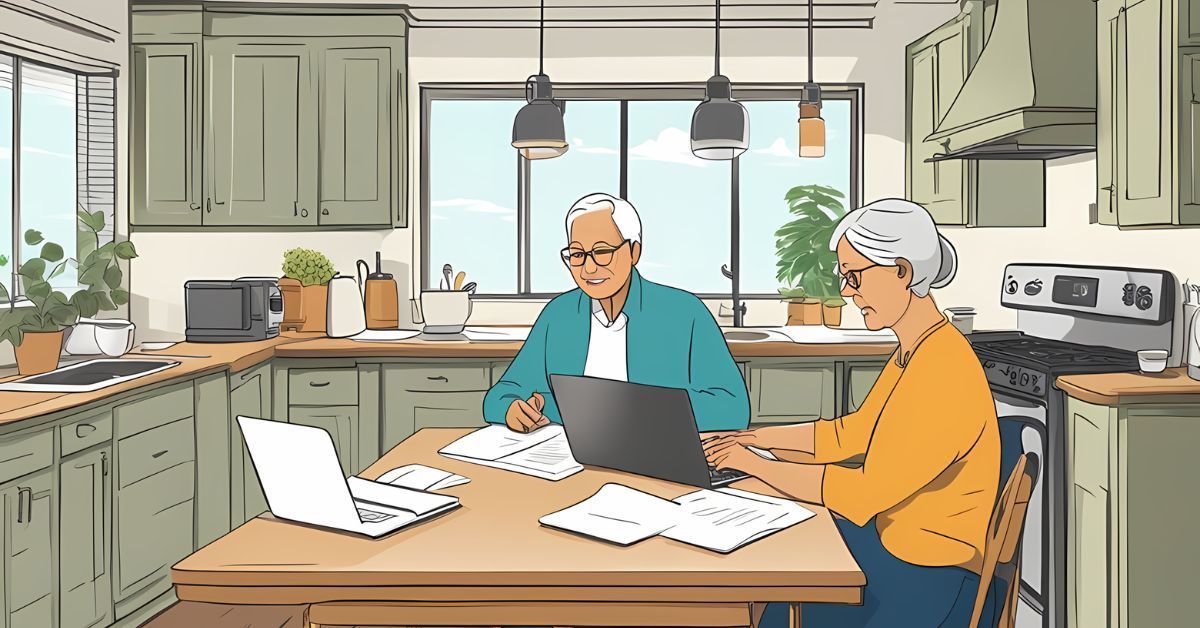 A senior couple sitting at a table going over paperwork.