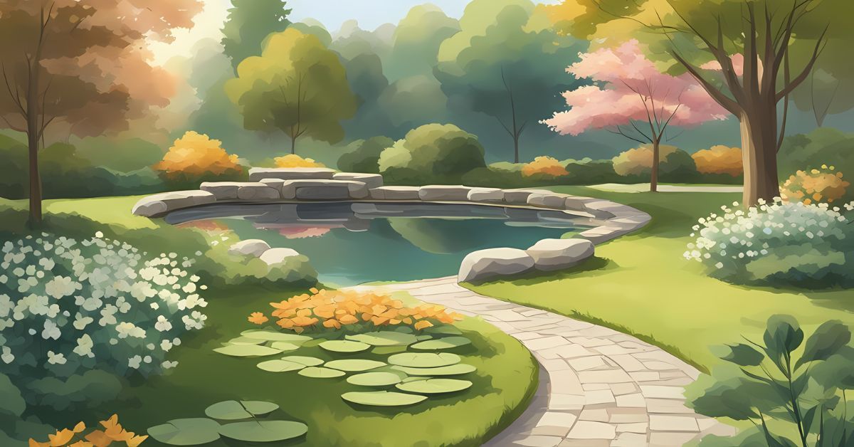 A serene pond with a cobblestone walkway leading towards it.