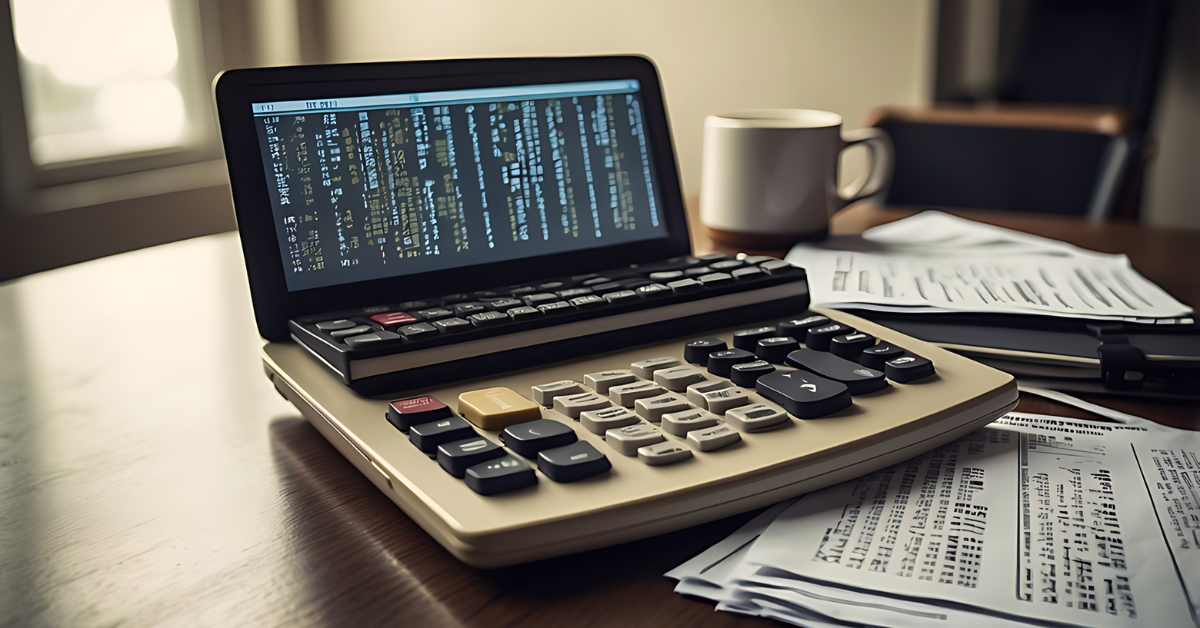 A complex looking calculator and financial documents on a table with a mug in the background.