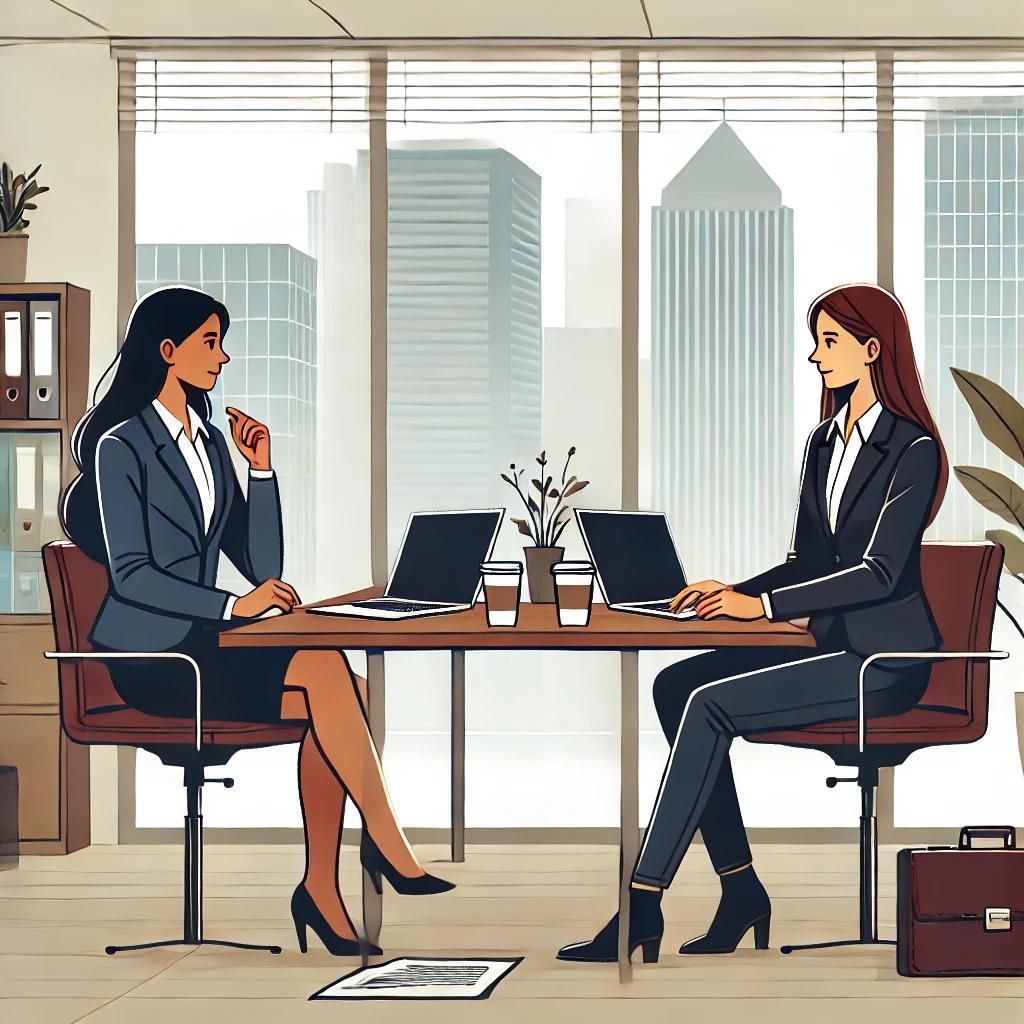 An illustration of two business women sitting at a table together.