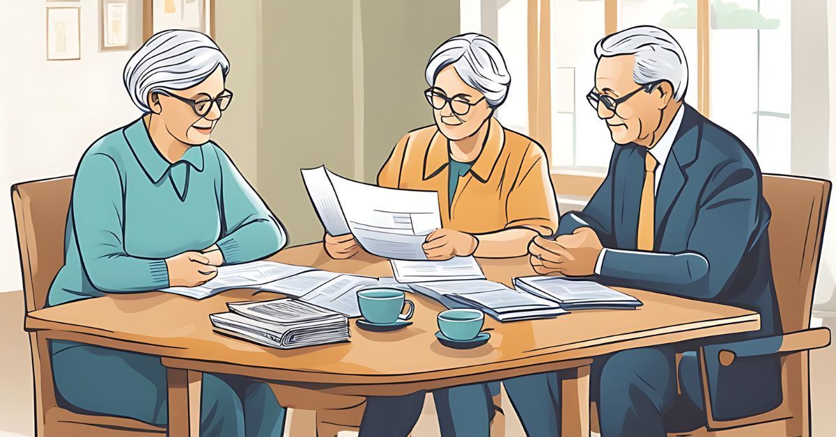 An illustration of two senior women and one senior man sitting at a table going over paperwork.