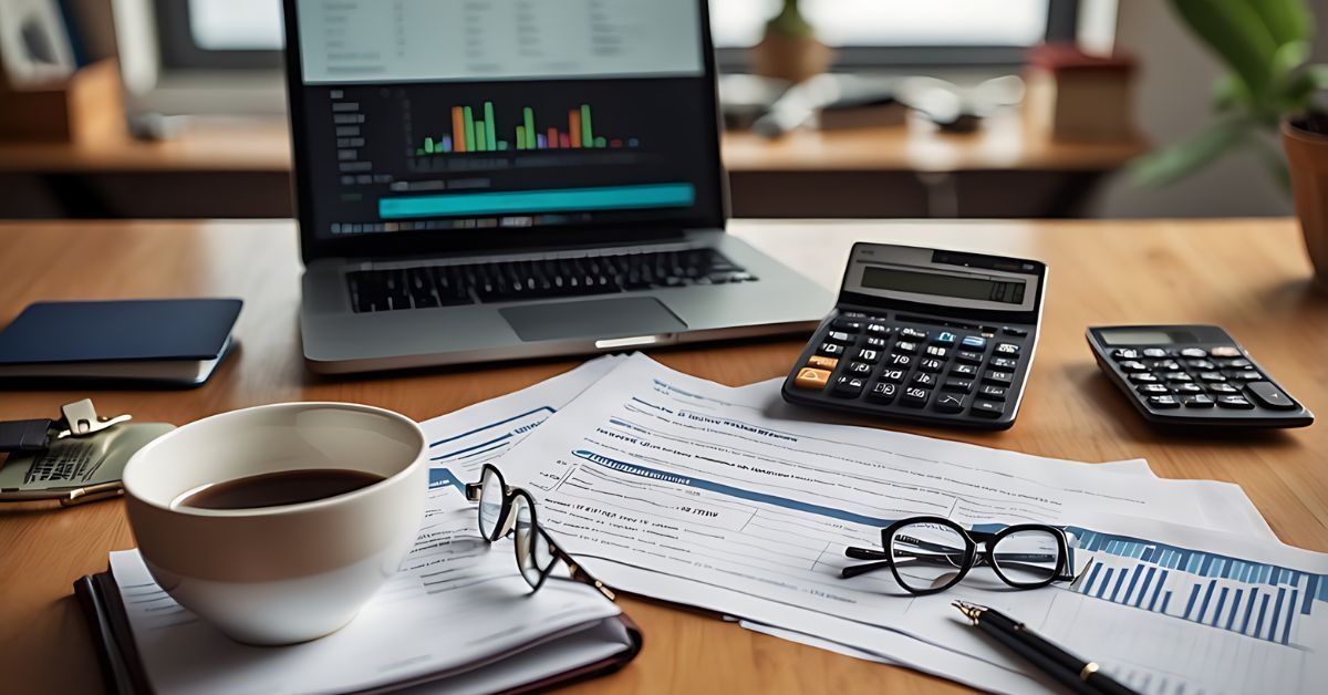 Several financial documents, calculators, a cup of coffee, and a laptop on top of a desk.