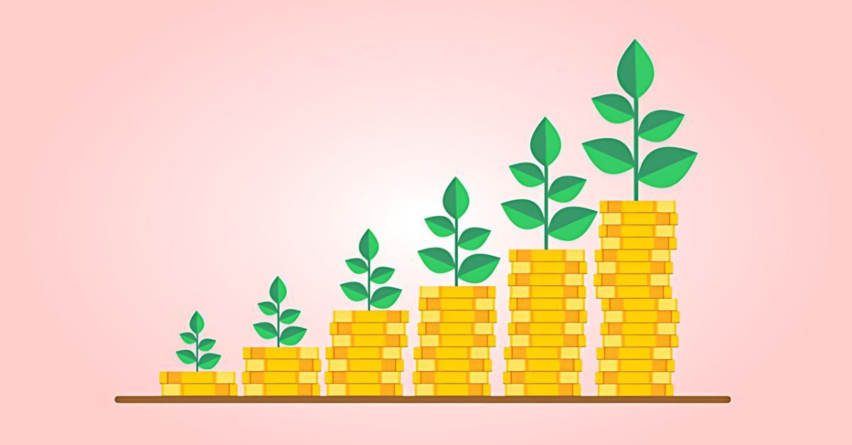 An illustration of growing stacks of coins with plants growing out of them.