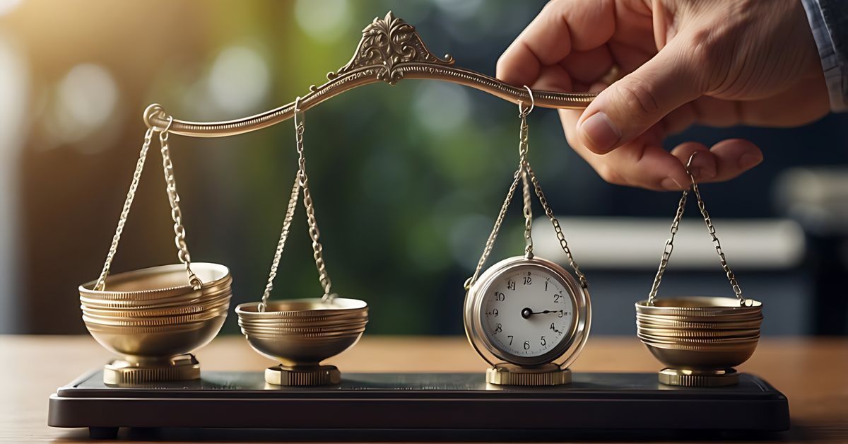 A balancing scales with four pieces, but three balancing bowls.  The fourth item is a clock instead of a balancing bowl.