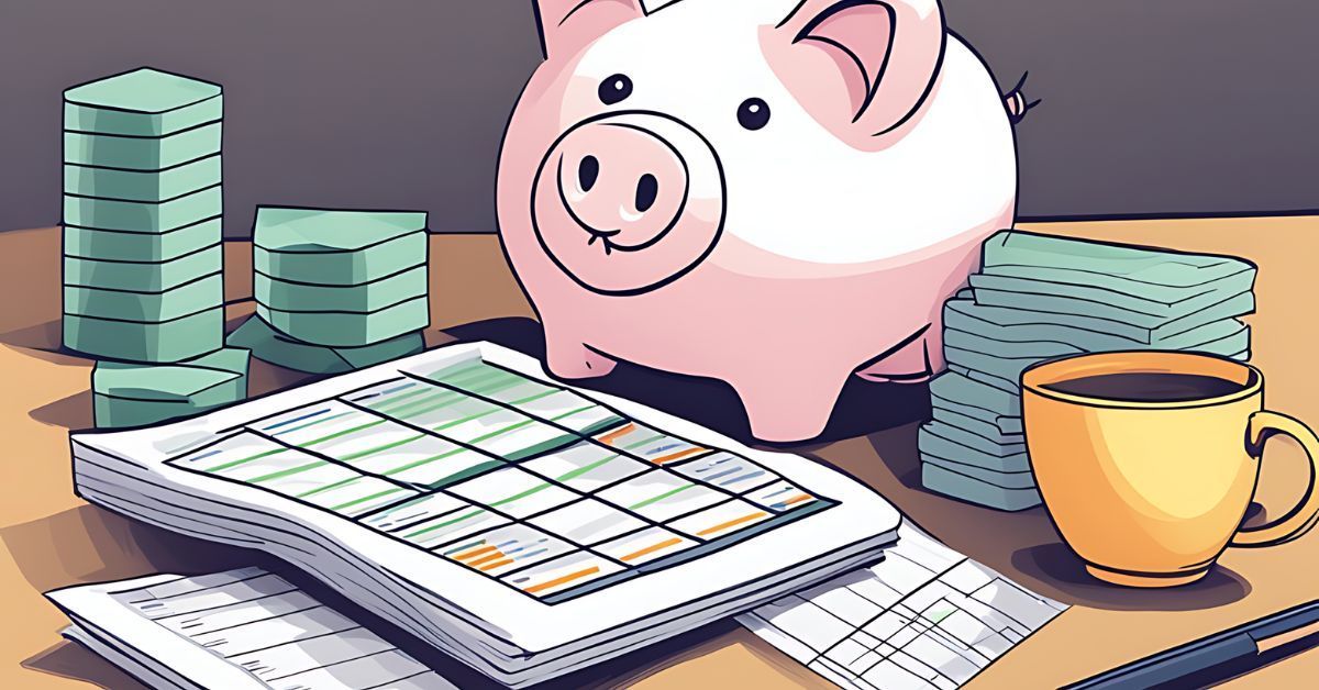 An illustration of a piggy bank, papers, and cup of coffee sitting on a desk.