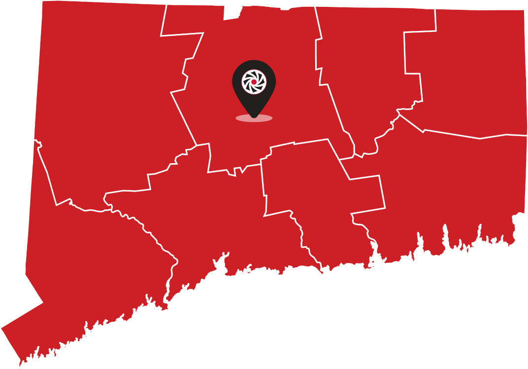 A red image of the state of Connecticut with a map pin locating Year Round Power's location