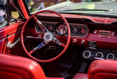 Red and black interior of classic car