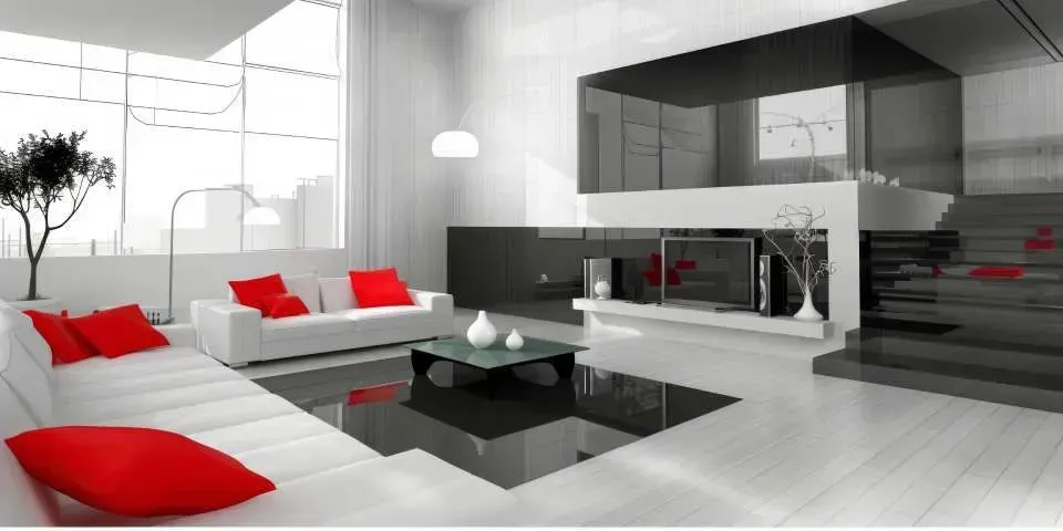 Modern white living room with red accents, black glass coffee tables, and open kitchen seating area