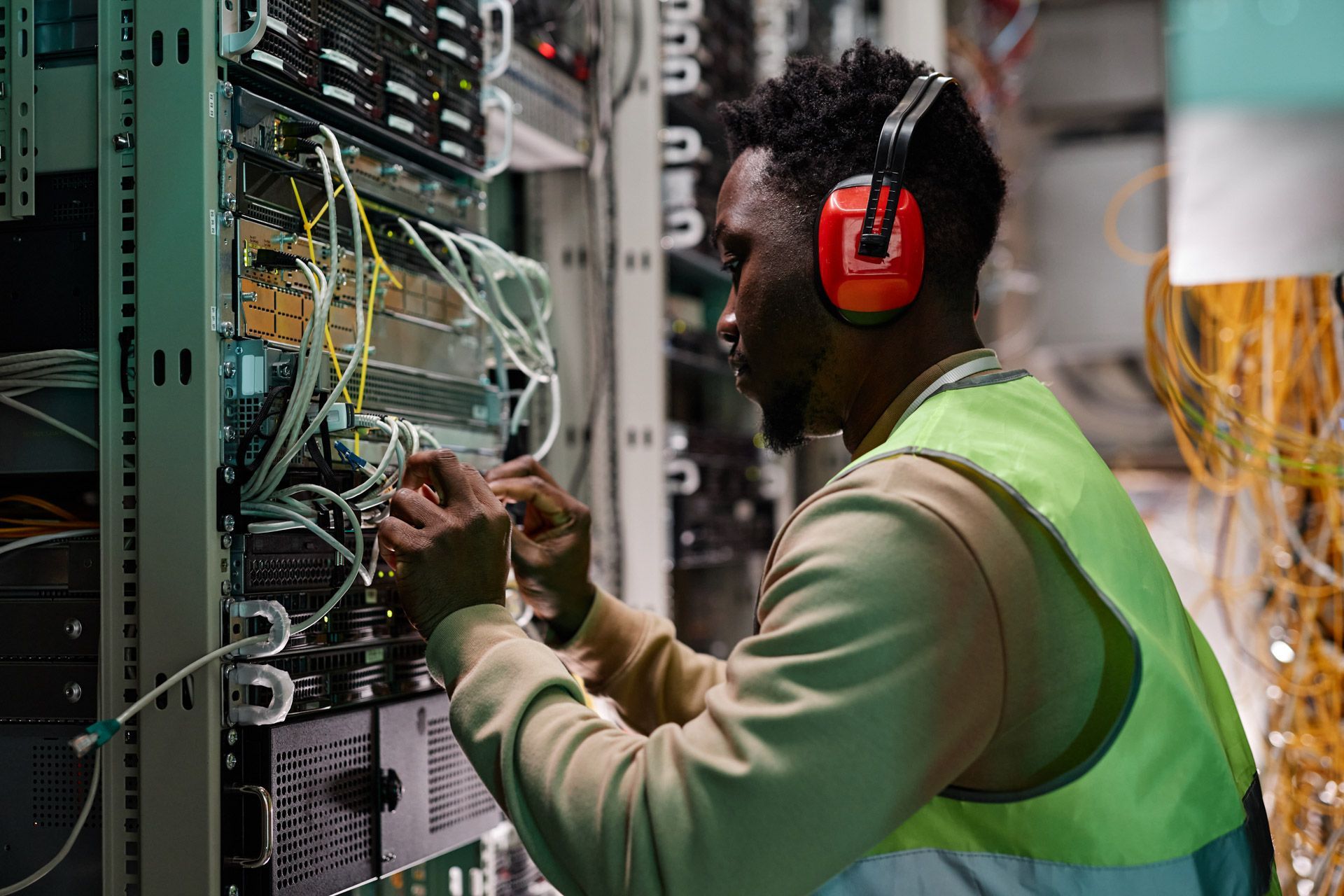 Technician in a server room, connecting cables. He wears ear protection and a safety vest.
