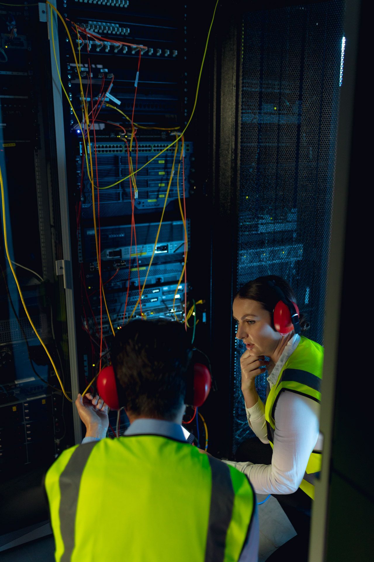 Two people in a server room wearing safety vests and ear protection, working on equipment.