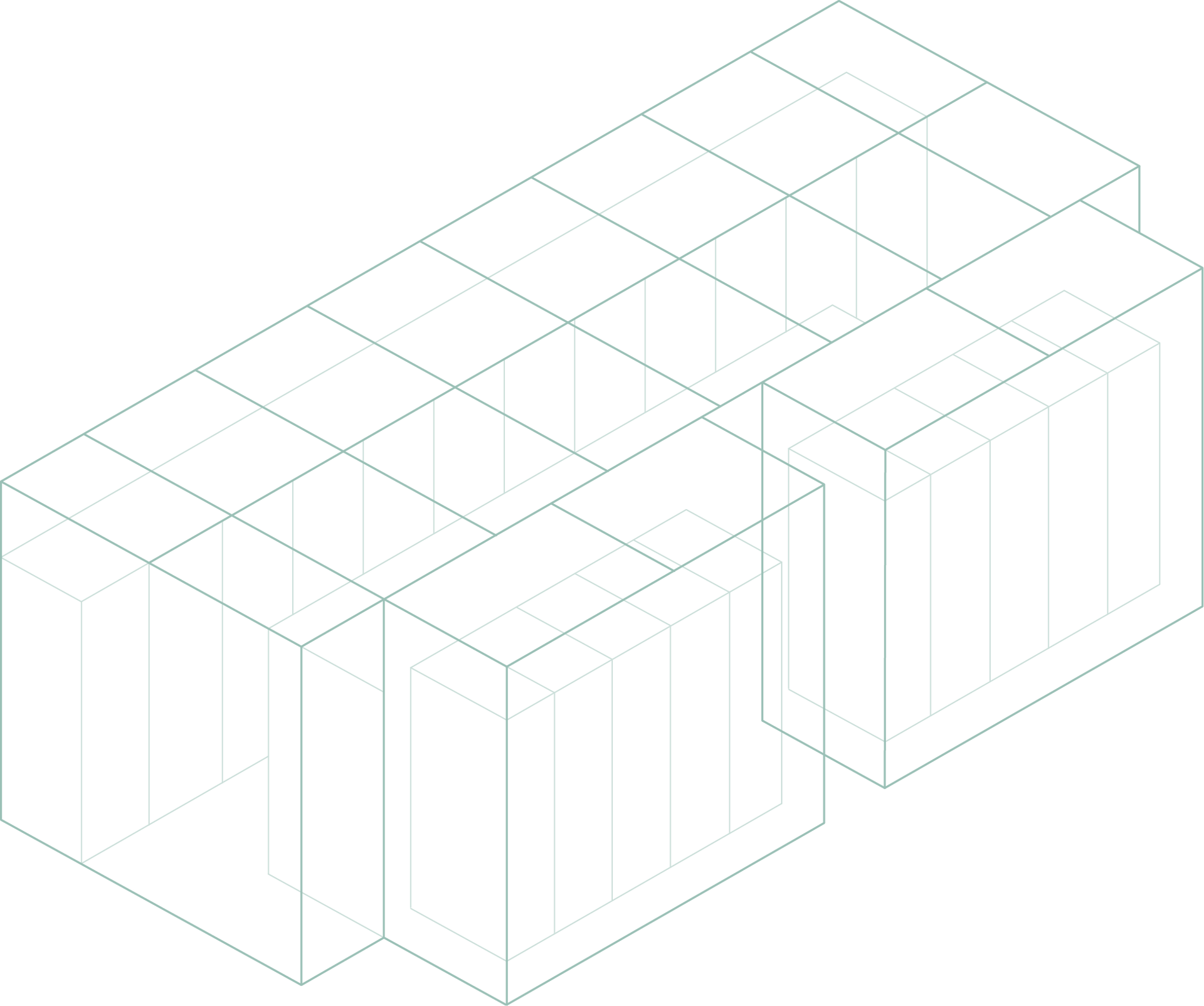 Isometric drawing of a building with a grid-like roof and two lower sections. Transparent lines outline the structure.
