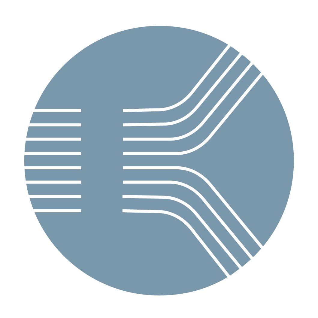 Blue circle with white stylized letter